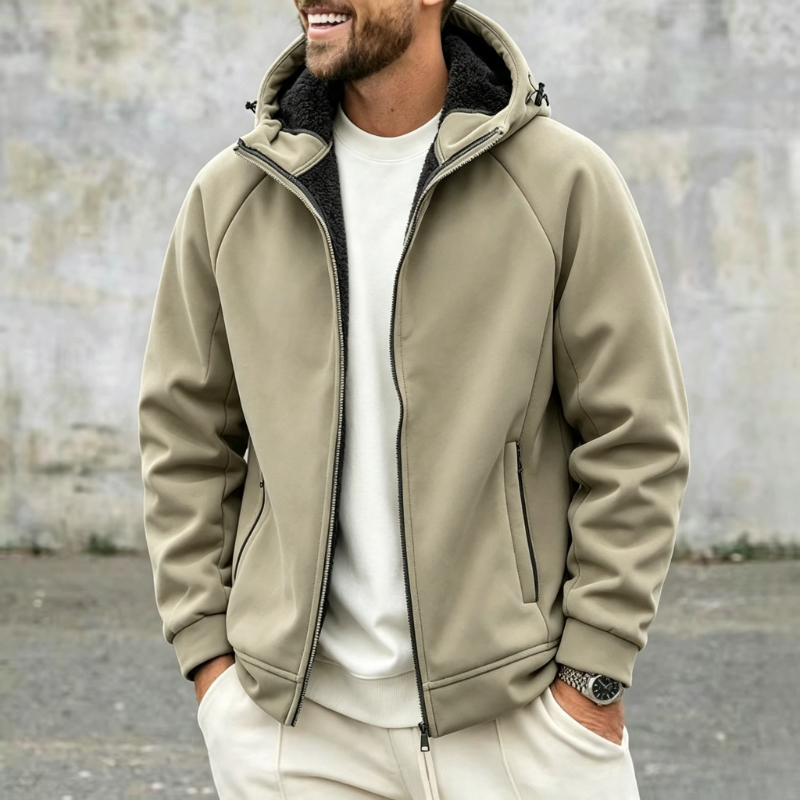 Sherpa Jacket Fleece - 厚手のポーラーフリースジャケット メンズ フード付きウィンドブレーカー ジップアップ 暖かいシェルパ裏地付きコート 秋冬