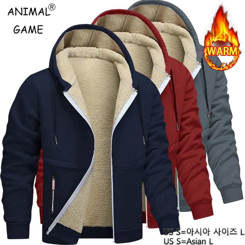 Sherpa Jacket Fleece - アニマルゲームメンズカジュアルフード付きメンズフリーススウェットシャツ厚いシェルパ裏地付きパーカージッパージャケット厚手ヘビーウェイトスウェットシャツ