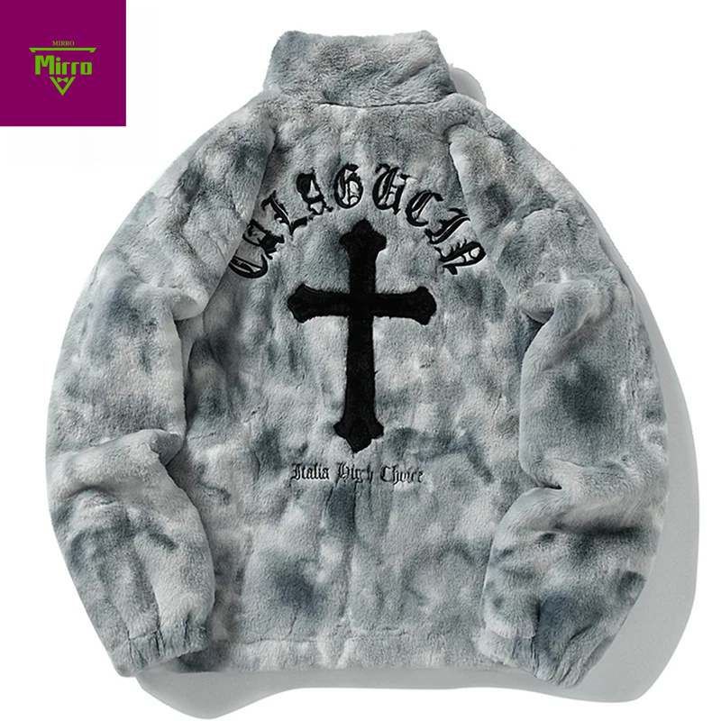 Sherpa Jacket Fleece - ストリートウェア ヴィンテージ フリースジャケット クロス刺繍 オーバーサイズ カジュアル