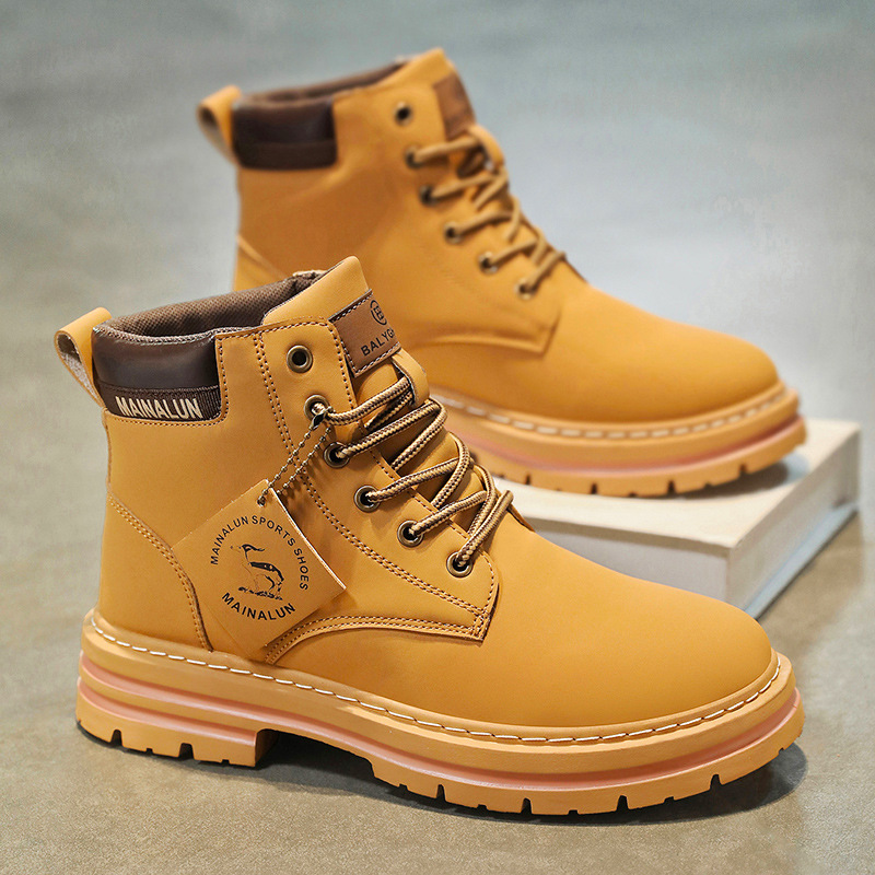 Men'S Fashion For 30 Year Olds - クラシックメンズハイカットブーツ高品質イエローレザーブーツファッションアウトドアスニーカーメンズレースアップ滑り止めアンクルブーツメンズ
