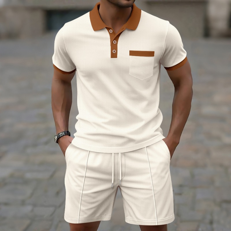 Mens Fashion Ideas - 2026年最新夏メンズファッションカジュアルトレンドスポーツコントラストカラーシャツとドローストリングショーツの2ピースファッションカジュアルセット