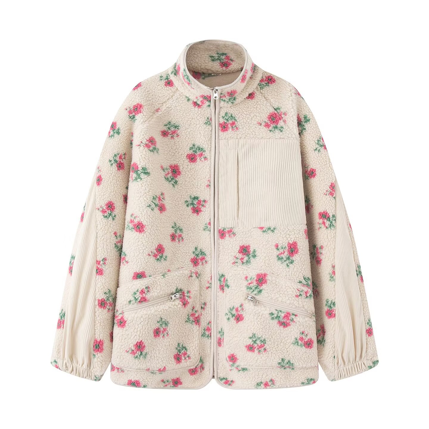 Sherpa Jacket Fleece - ファッション花柄ジャケット女性のための秋冬新暖かいハーフハイカラー長袖スプライス ​ ​ ポケットジッパー付きポーラーフリースコート
