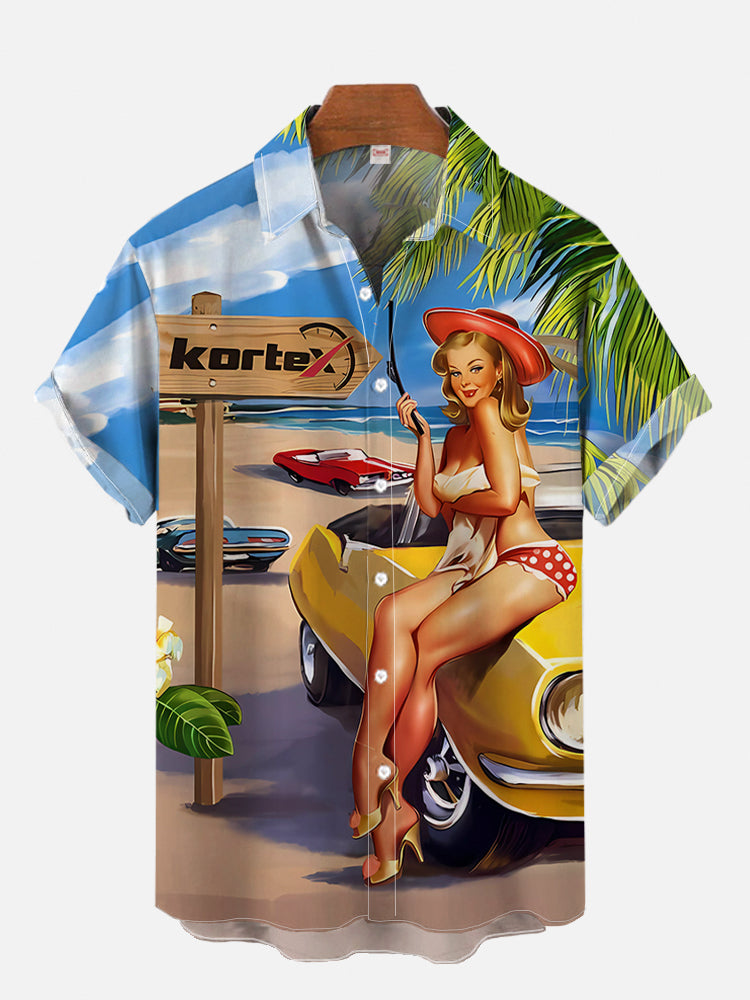 Mens Fashion In 1980S - メンズヴィンテージピンアップ女の子ポスターハワイアンTシャツ、ビーチカウガールプリント、半袖、ファッション、原宿、1970s-1980s