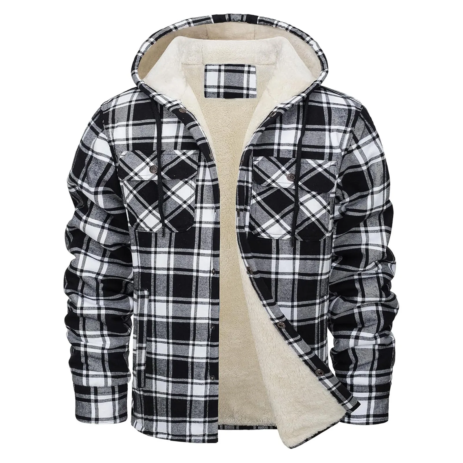 Sherpa Jacket Fleece - 厚く暖かいフランネルフード付きジャケットメンズシェルパフリース裏地冬コートボタンダウンファッションカジュアルチェック柄シャツジャケットポケット付き
