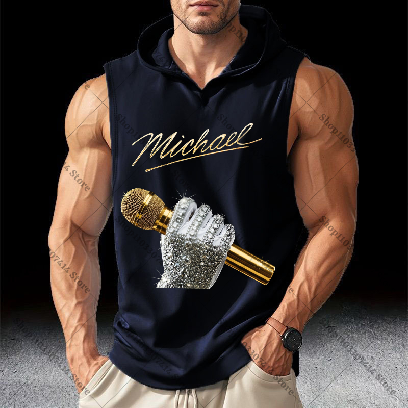 Men Fashion King - 大人のファッションカジュアルベスト夏服アンダーシャツキングオブポップ MJ 男性通気性シングレットマイケルジャクソンフード付きチョッキギフト