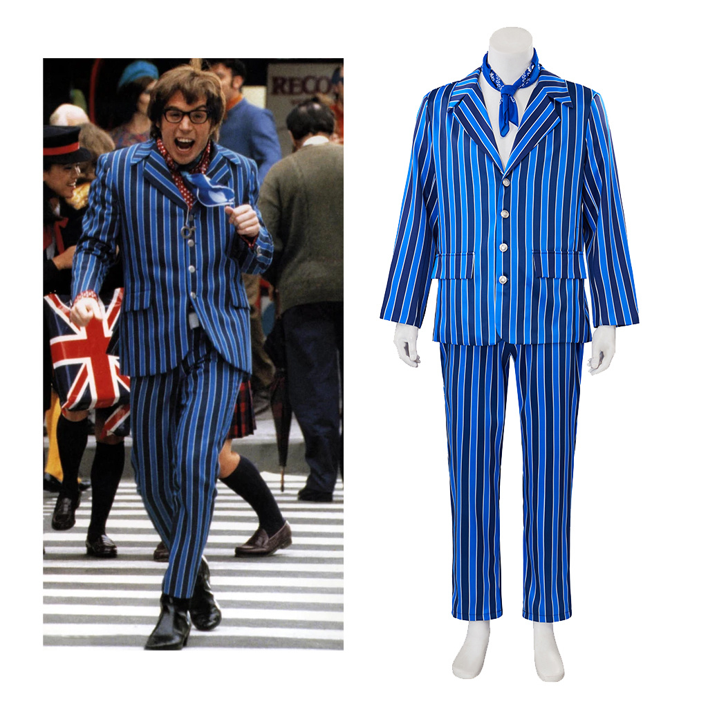 Mens Fashion In 1980S - 男性、ヴィンテージ青、黒のストライプスーツ、ハロウィーンの衣装、1980年代のファッションのための映画austin電源コスプレコスチューム