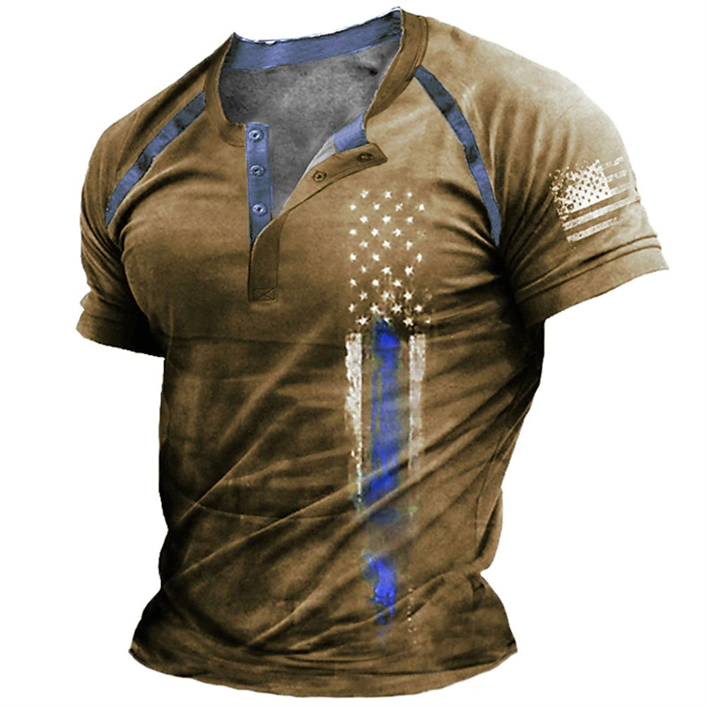 Mens Fashion Ideas - 面白い 3D アメリカ国旗プリントメンズヘンリーシャツファッションヘンリーカラー半袖トップス夏ストリートヴィンテージ服カジュアル Tシャツ