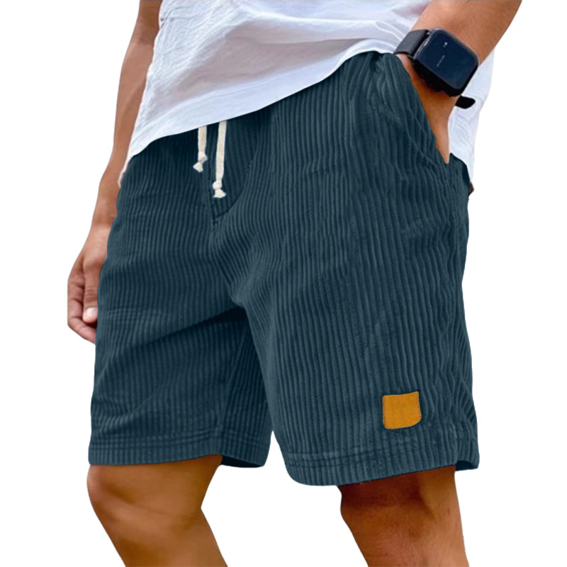 Men'S Fashion Labels - 夏の新メンズヴィンテージ刺繍レザーラベルコーデュロイカジュアルショーツレースアップファッションオールマッチ通気性男性ショーツ