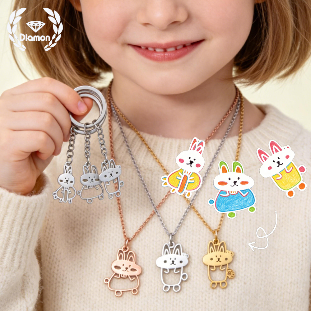 Men Fashion Kids - ダイヤモンドカスタム子供用描画手描きネックレスブレスレットキーホルダーステンレス鋼キッズファミリー女性用ベビージュエリーギフト