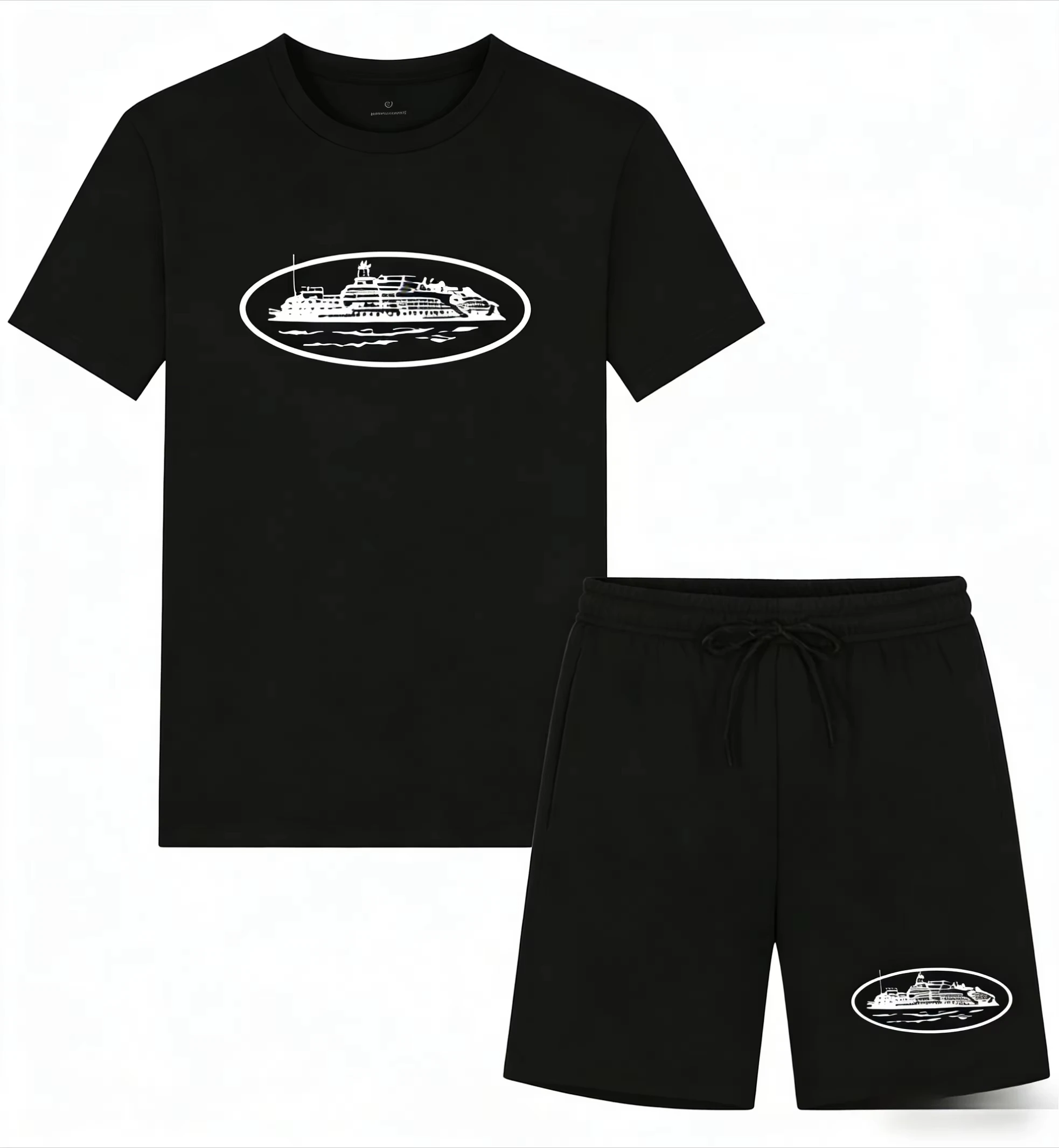 Mens Fashion Ideas - 2026年夏新作 小型ボートプリント ツーピースTシャツ＆ショートパンツ ルーズラウンドネック 通気性ハーフスリーブ カジュアルファッションブランド
