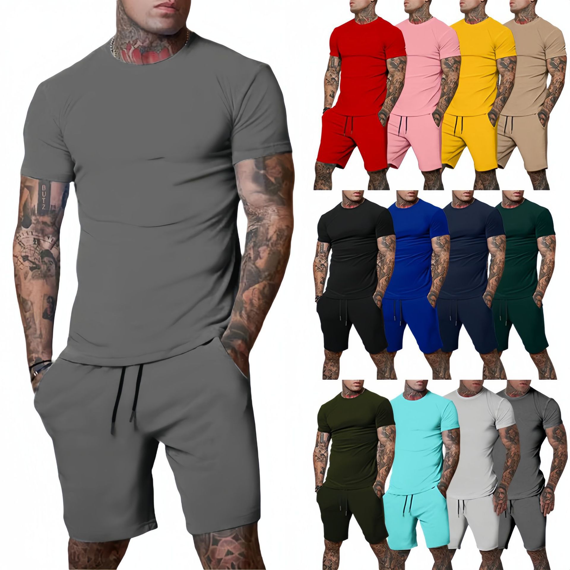 Mens Fashion Ideas - おしゃれでカジュアルな夏のアウトドアスポーツスーツ メンズ通気性Tシャツショーツ カジュアルでおしゃれなツーピースセットトラックスーツ