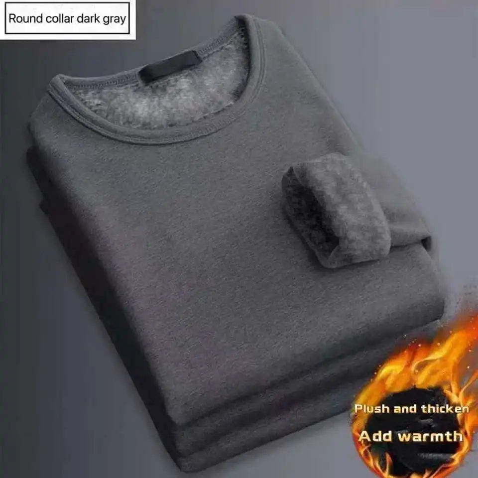 Men'S Fashion T Shirts - 冬のメンズ長袖サーマルアンダーウェア Tシャツフリースボトリングシャツラウンドネックシャツファッションプラスベルベットパッド入り Tシャツ