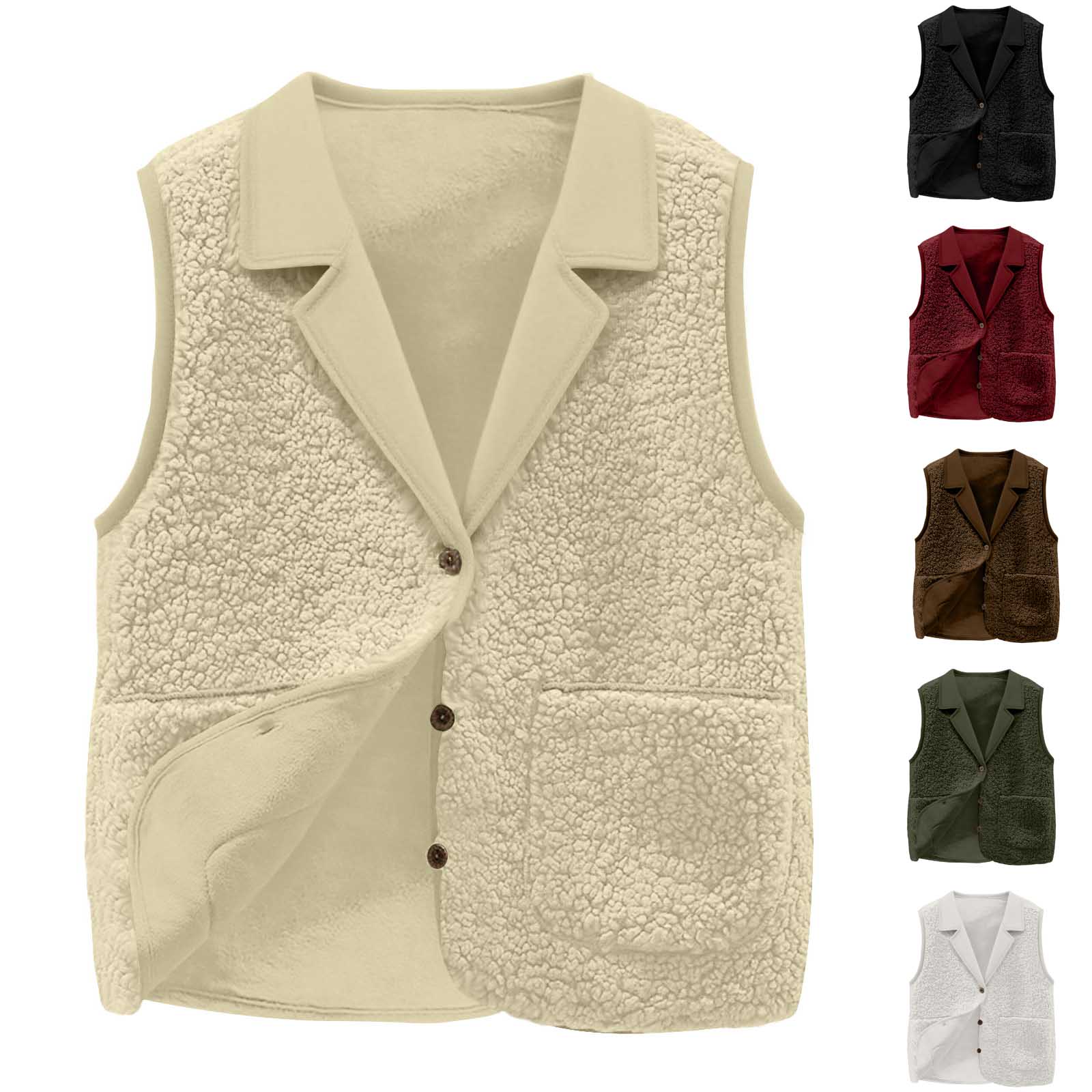 Sherpa Jacket Fleece - レディース シェルパフリースベスト、ラペルカラー、ボタンフロント、ポケット付き、秋冬用カジュアル暖かいノースリーブジャケットコート