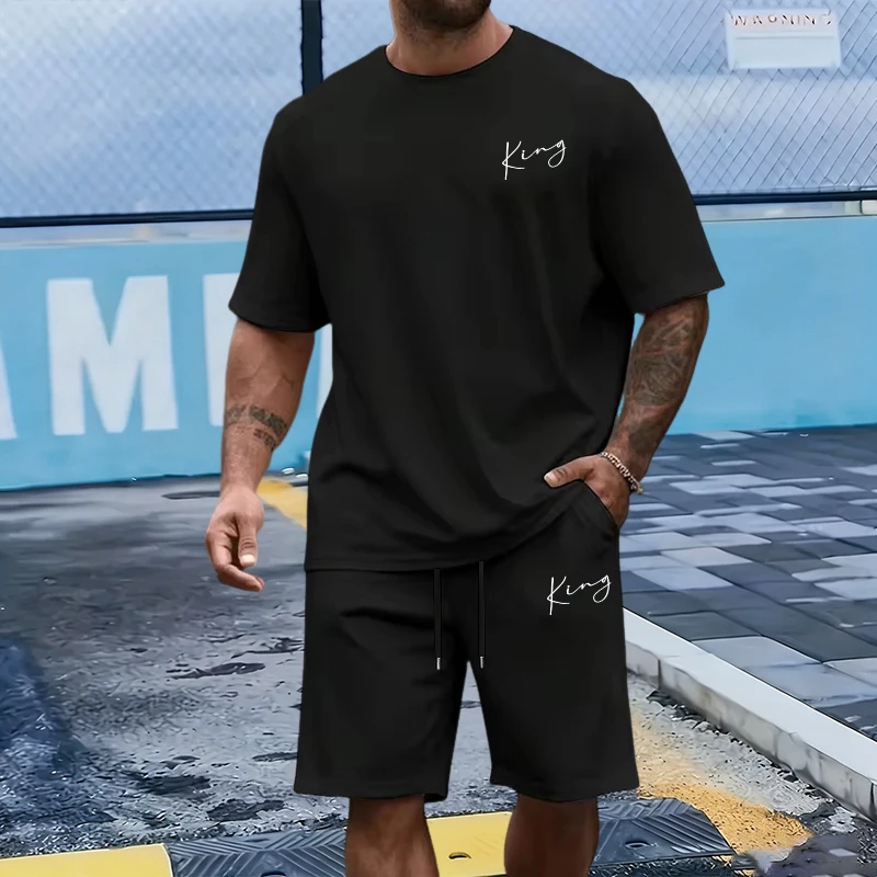 Men Fashion King - キングレター メンズセット コットンTシャツ スポーツショーツ 夏 デイリーカジュアル