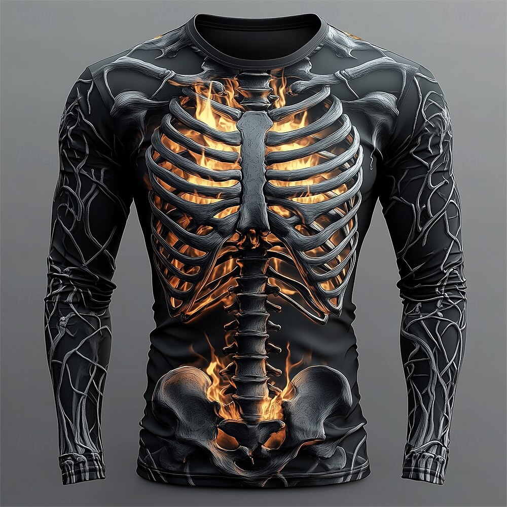 Men'S Fashion T Shirts - メンズ3Dフレイムスカル柄Tシャツ 長袖カジュアルファッションTシャツトップスウェットシャツ 通気性のあるストリートウェア オーバーサイズTシャツ