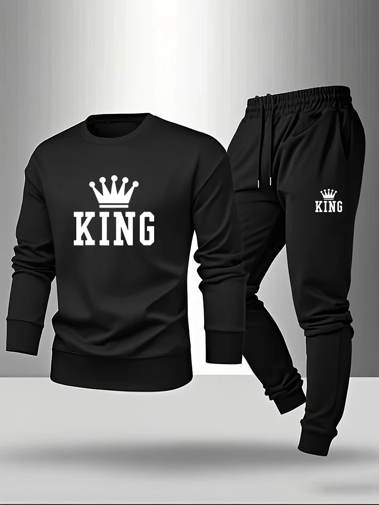 Men Fashion King - King Pringt メンズ長袖 Tシャツ & スウェットパンツ