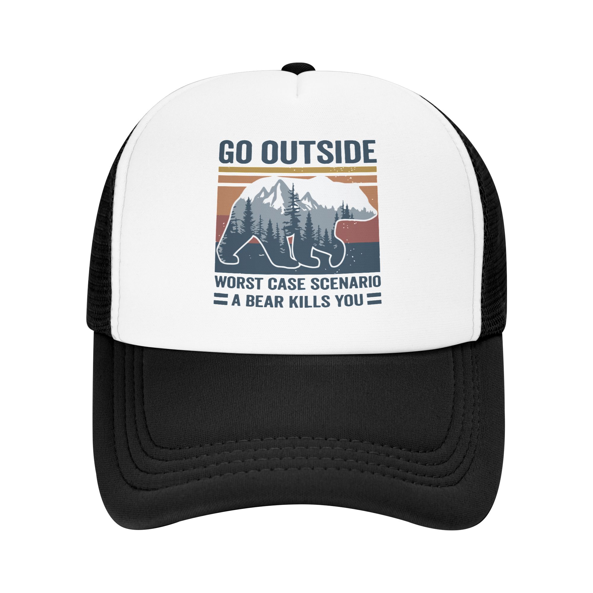 Trucker Hat Cap - 外に出て行こう 悪候の最悪の状況の場合、クマがあなたを殺す可能性がある トラッカーハット 調節可能な大人用アドベンチャーキャンプ野球帽 アウトドアダッドハット