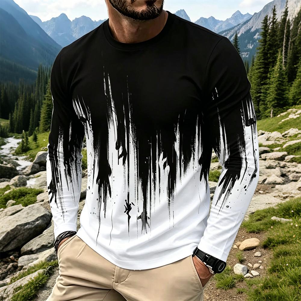 Men'S Fashion T Shirts - メンズグラデーションインクスプラッシュ長袖Tシャツカジュアルストリートウェアクルーネックトップス新作ファッション通気性プリントベースレイヤーシャツ