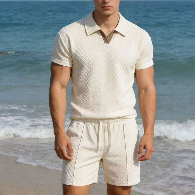 Men'S Fashion Formal - 2026年夏100kgメンズスーツ無地ワッフルラペルスリムフィットカジュアルファッションジップアップ半袖シャツスーツショーツプルオーバーセット