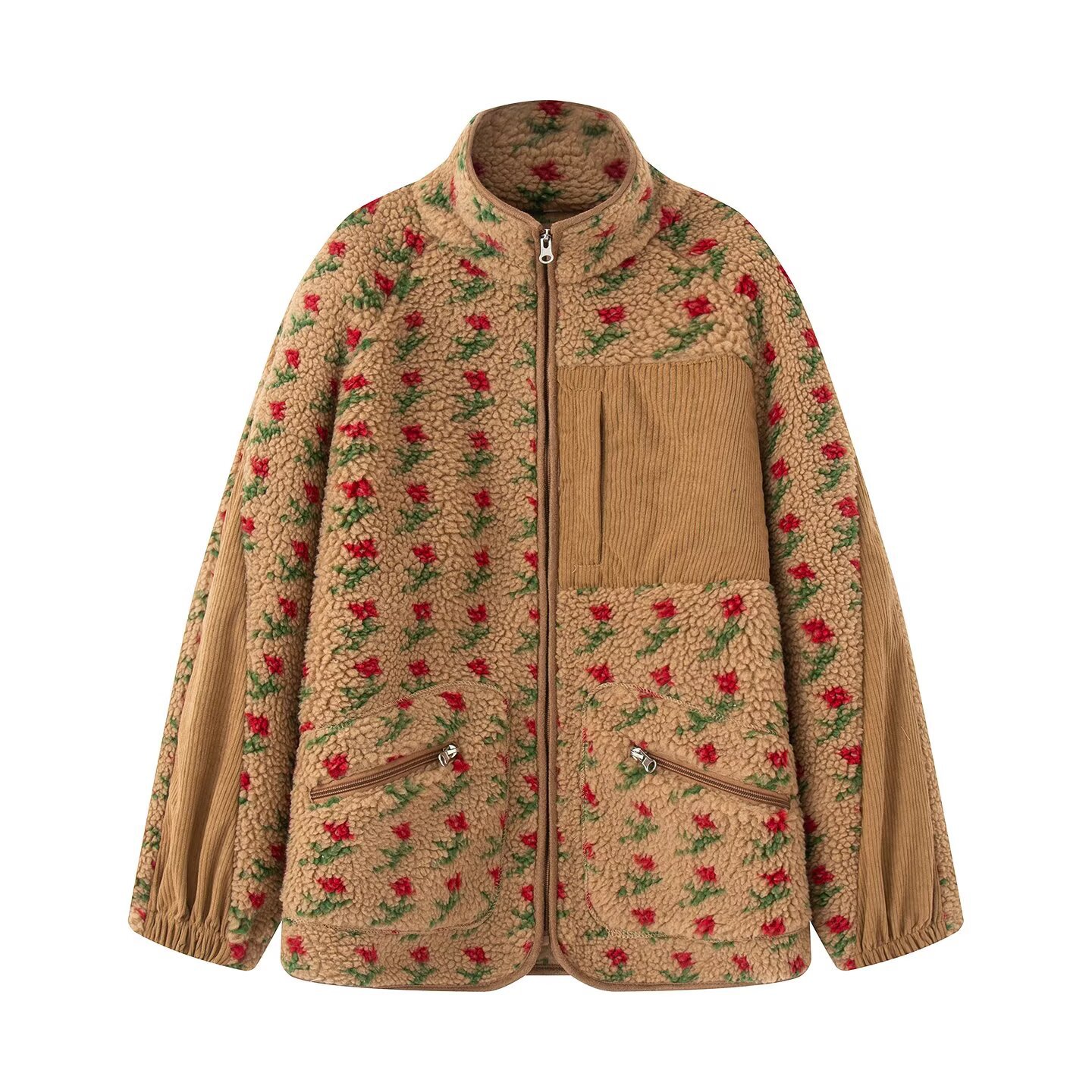 ファッション花柄ジャケット女性のための秋冬新暖かいハーフハイ - Sherpa Jacket Fleece のレビューと価格