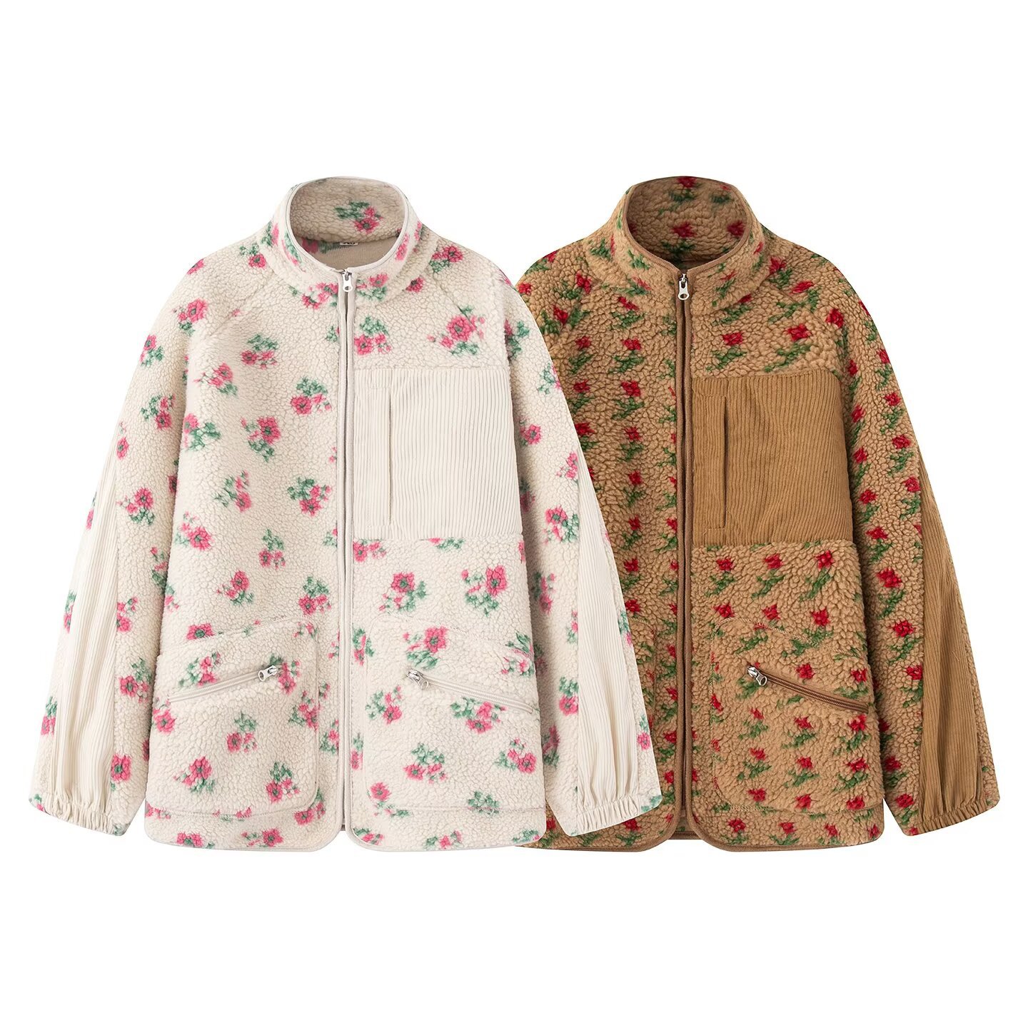 ファッション花柄ジャケット女性のための秋冬新暖かいハーフハイ - Sherpa Jacket Fleece のレビューと価格