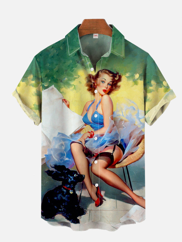 メンズヴィンテージピンアップ女の子ポスターハワイアンTシャツ - Mens Fashion In 1980S のレビューと価格