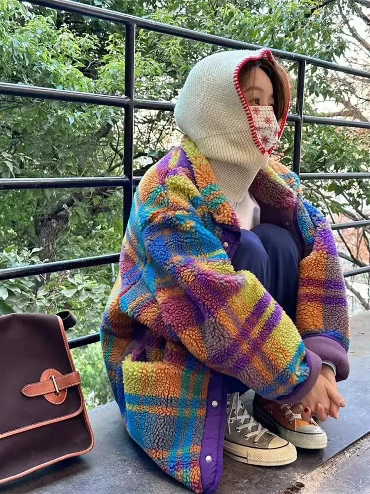 女性コートポーラーフリースチェック柄秋冬ファッション厚いヴィ - Sherpa Jacket Fleece のレビューと価格