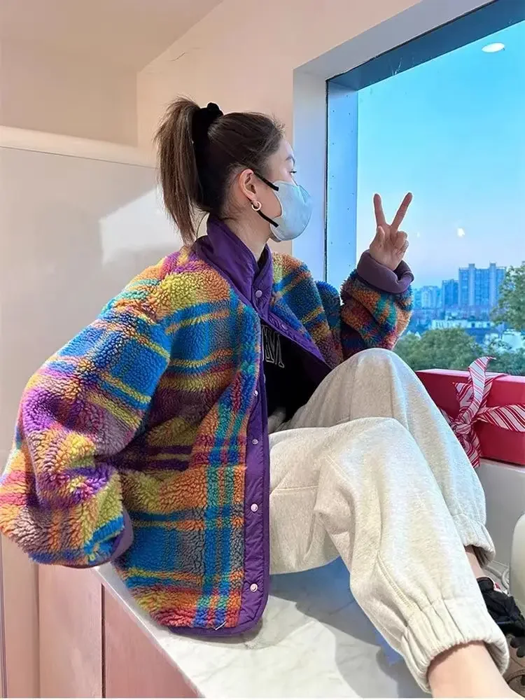 女性コートポーラーフリースチェック柄秋冬ファッション厚いヴィ - Sherpa Jacket Fleece のレビューと価格