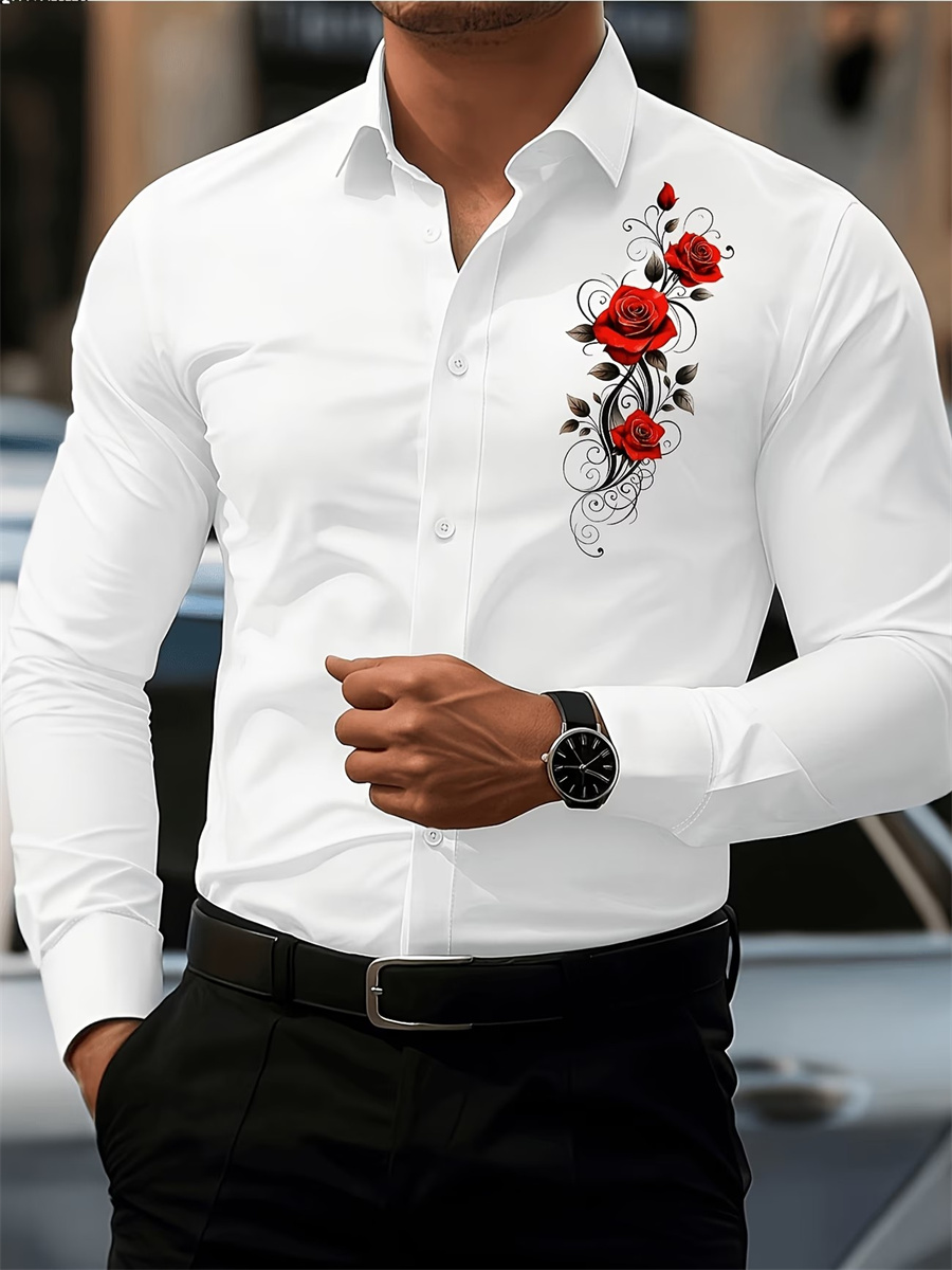 メンズ レッドローズプリント 長袖シャツ、ファッショナブルで - Mens Fashion Ideas のレビューと価格