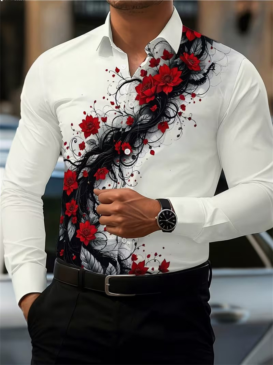 メンズ レッドローズプリント 長袖シャツ、ファッショナブルで - Mens Fashion Ideas のレビューと価格