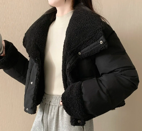 女性用シェルパカラーパファージャケット 冬用暖かいクロップド - Sherpa Jacket Fleece のレビューと価格