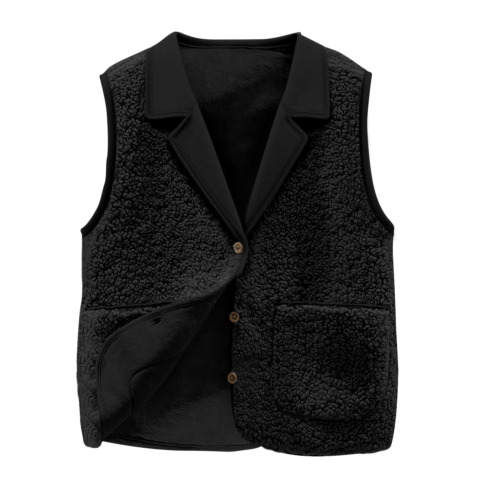 レディース シェルパフリースベスト、ラペルカラー、ボタンフロ - Sherpa Jacket Fleece のレビューと価格