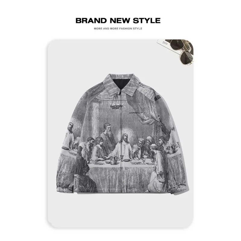 秋の男性ジャケット特大絵画印刷カップル薄型カジュアルジャケッ - Sherpa Jacket Fleece のレビューと価格