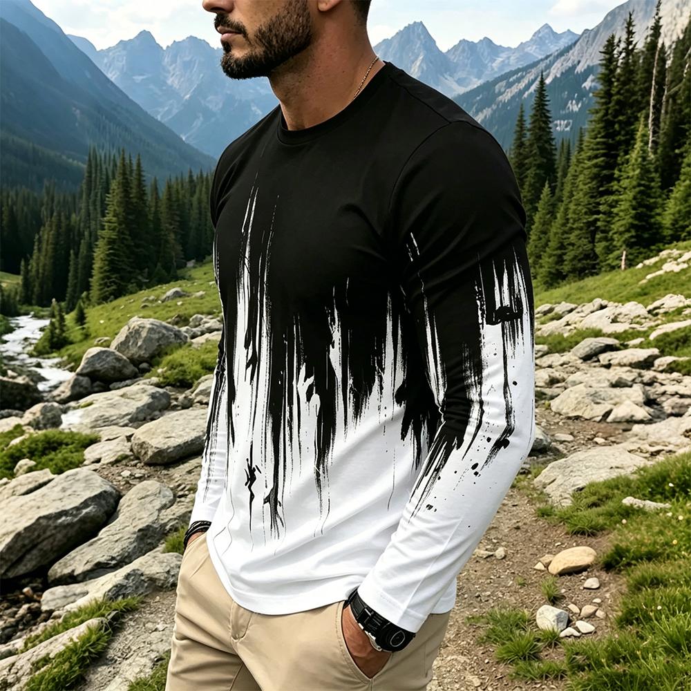 メンズグラデーションインクスプラッシュ長袖Tシャツカジュアル - Men'S Fashion T Shirts のレビューと価格
